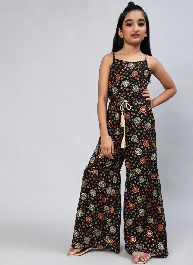 AKS Floral Printed Black Jumpsuit for Girls