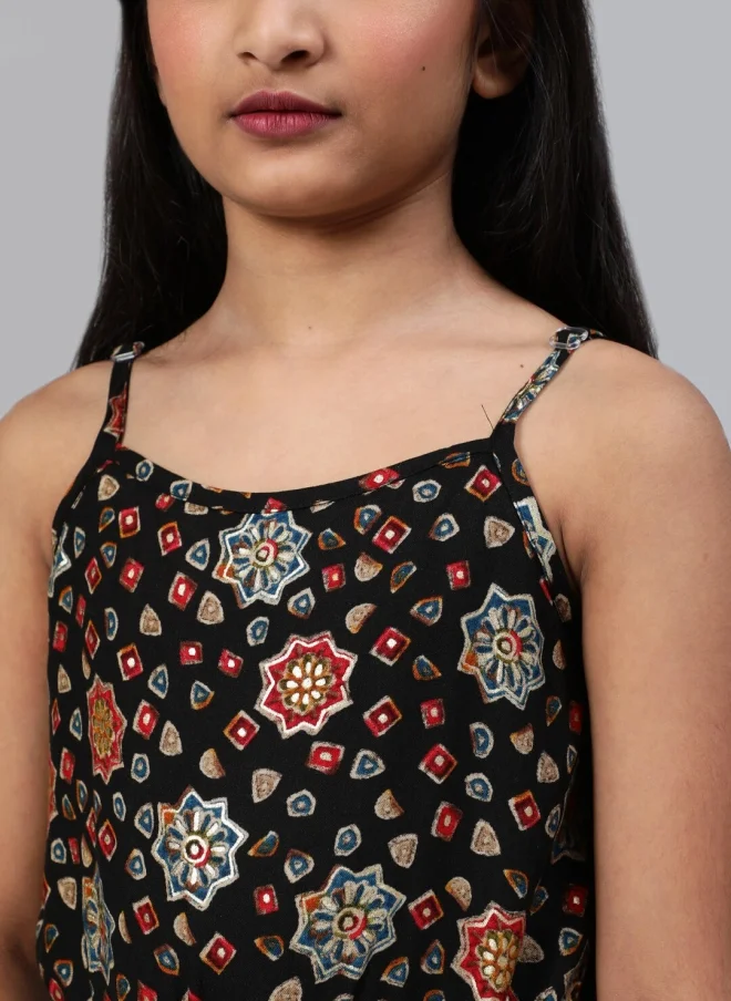 AKS Floral Printed Black Jumpsuit for Girls