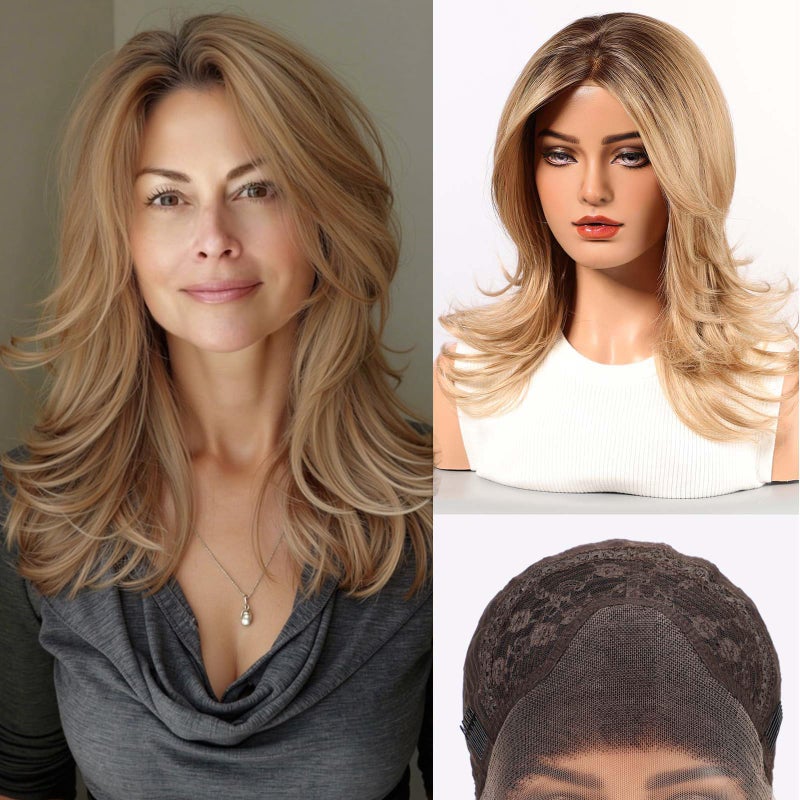 starluck Wig for Women Lace Front Wigs Synthetic Wigs for Women 18Inch Shoulder Length Layered Natural Wavy Wig Ombre Blonde - Image 2
