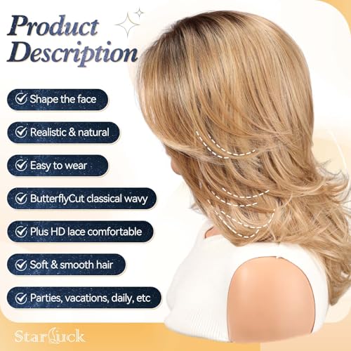 starluck Wig for Women Lace Front Wigs Synthetic Wigs for Women 18Inch Shoulder Length Layered Natural Wavy Wig Ombre Blonde - Image 3