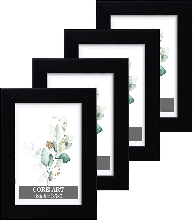 CORE ART 4x6 Black Picture Frame Set of 4Display Pictures 35x5 with Mat or 4 x 6 without MatMulti Photo Frames Collage for Wall or Tabletop Display