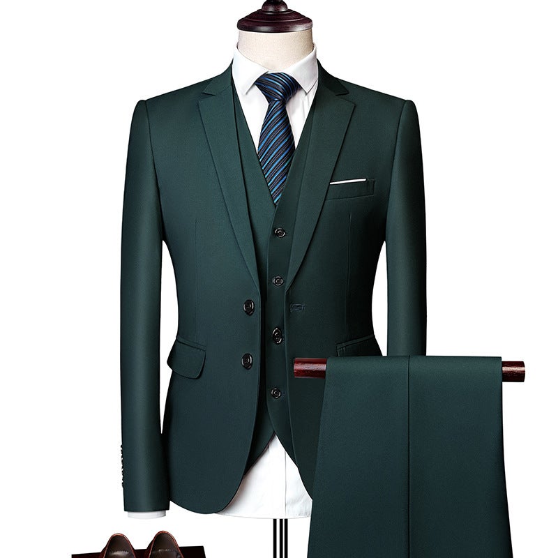 Mens British Fashion Suit Set 3-Piece Business Formal Dark green (suit pants waistcoat) 