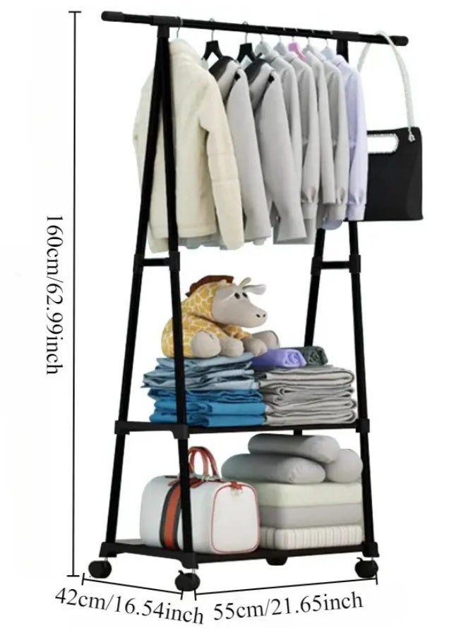 كوزينيست رف ملابس على شكل حرف A بقضيب واحد مع رفين سفليين وعجلات، أسود قائم بذاته، منظم ملابس متحرك لغسيل وغرفة النوم، موفر للمساحة - Image 1