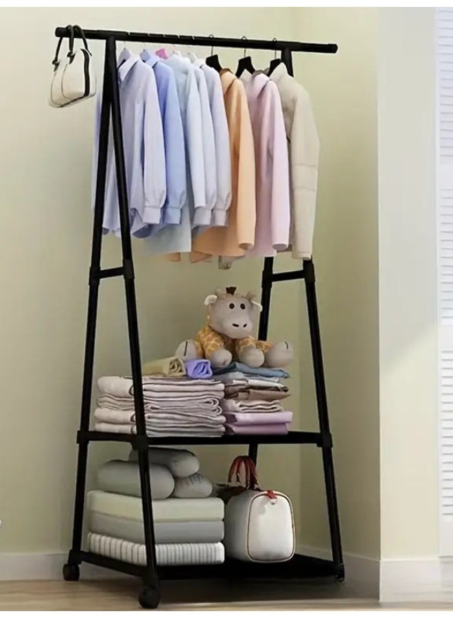 كوزينيست رف ملابس على شكل حرف A بقضيب واحد مع رفين سفليين وعجلات، أسود قائم بذاته، منظم ملابس متحرك لغسيل وغرفة النوم، موفر للمساحة - Image 3