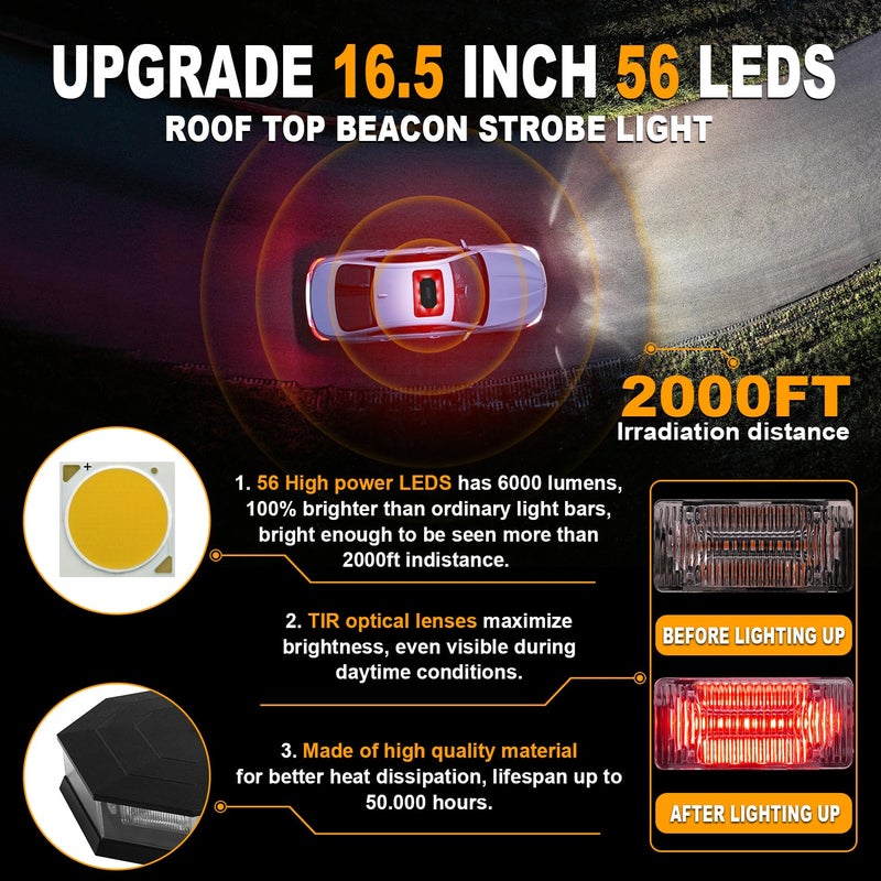 ASPL 16.5 Inch Roof Top Beacon Emergency Strobe Light - 56 LED Magnetic Warning Caution Bar for Traffic Hazard Plow - Trucks Vehicles Construction Snowplow (Red/White) - Image 2