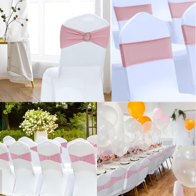 Rose Gold Chair Sashes 50 Pack Spandex Chair Sashes Bows Dusty Pink Sashes for Chairs Stretch Chair Sash Bands with Buckle Slider for Wedding Banquet Party Decorations - Image 3