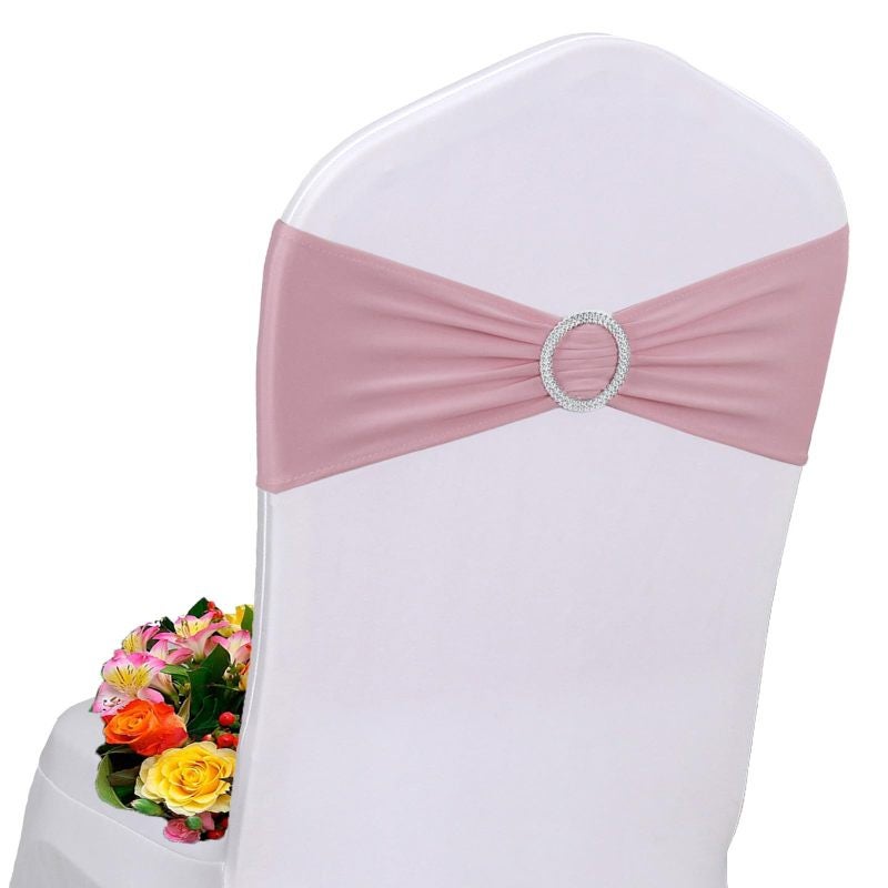 Rose Gold Chair Sashes 50 Pack Spandex Chair Sashes Bows Dusty Pink Sashes for Chairs Stretch Chair Sash Bands with Buckle Slider for Wedding Banquet Party Decorations - Image 1