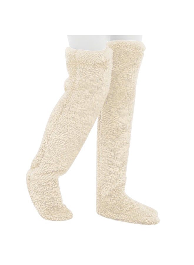 Wanheart Over Knee Fuzzy Socks, Plush Slipper Stockings, Cozy Long Leg Warmers for Men & Women, Winter Home & Sleeping Socks (Cream) - Image 1