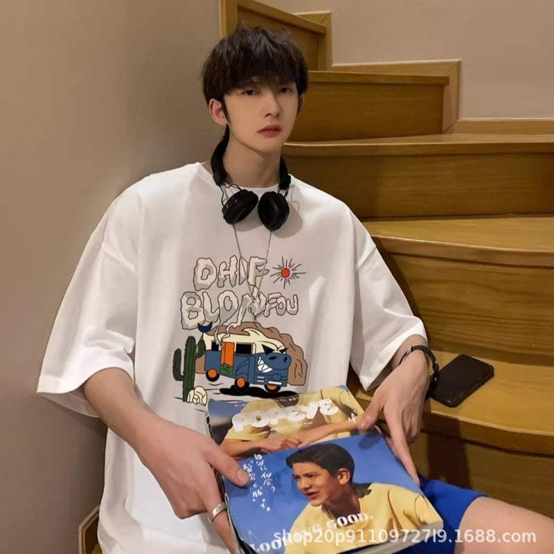 Hong Kong Style Short-Sleeved T-Shirt Men'S Korean Style Ins Style Printed Loose Trendyy Youth Large Size Half-Sleeve - Image 5