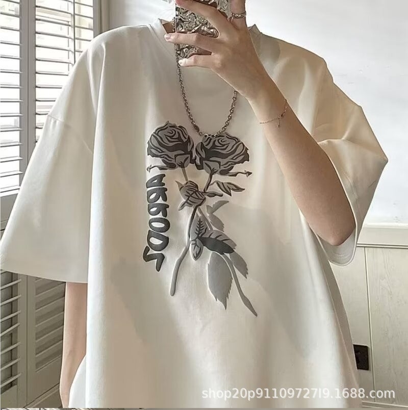 Hong Kong Style Short-Sleeved T-Shirt Men'S Korean Style Ins Style Printed Loose Trendyy Youth Large Size Half-Sleeve - Image 1