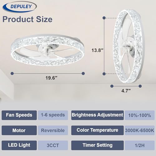 Depuley Ceiling Fans with Lights and Remote: 20" Modern Low Profile Flush Mount LED Ceiling Fan for Bedroom App Control - White Crystal Bladeless Fandelier for Living Room Kitchen Dimmable DC Motor - Image 2