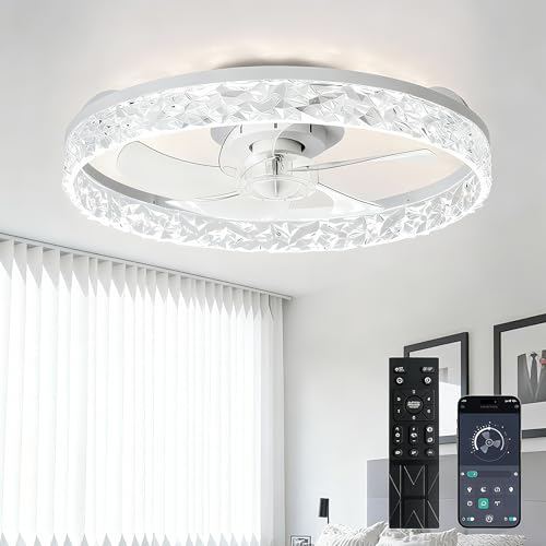 Depuley Ceiling Fans with Lights and Remote: 20" Modern Low Profile Flush Mount LED Ceiling Fan for Bedroom App Control - White Crystal Bladeless Fandelier for Living Room Kitchen Dimmable DC Motor - Image 1