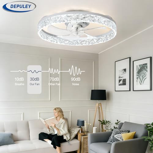 Depuley Ceiling Fans with Lights and Remote: 20" Modern Low Profile Flush Mount LED Ceiling Fan for Bedroom App Control - White Crystal Bladeless Fandelier for Living Room Kitchen Dimmable DC Motor - Image 5
