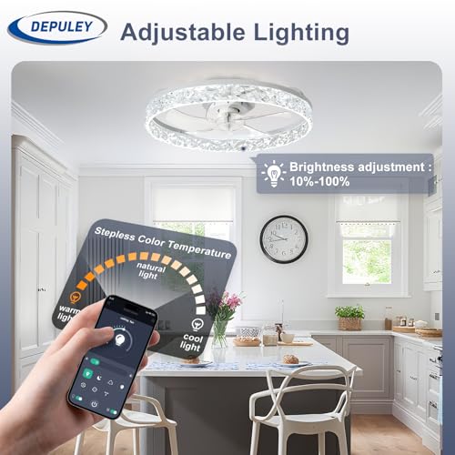 Depuley Ceiling Fans with Lights and Remote: 20" Modern Low Profile Flush Mount LED Ceiling Fan for Bedroom App Control - White Crystal Bladeless Fandelier for Living Room Kitchen Dimmable DC Motor - Image 4