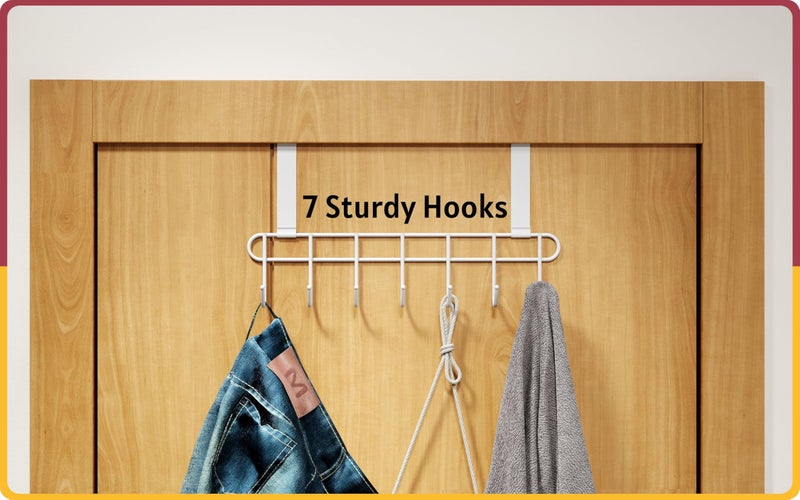Amiraj Multi-Alloy Steel Over-The-Door Hook Hanger Rack | No Drilling Required, 7 Hooks for Bedroom, Bathroom & Kitchen Doors | Hanging Organizer, White (Pack of 2) - Image 2