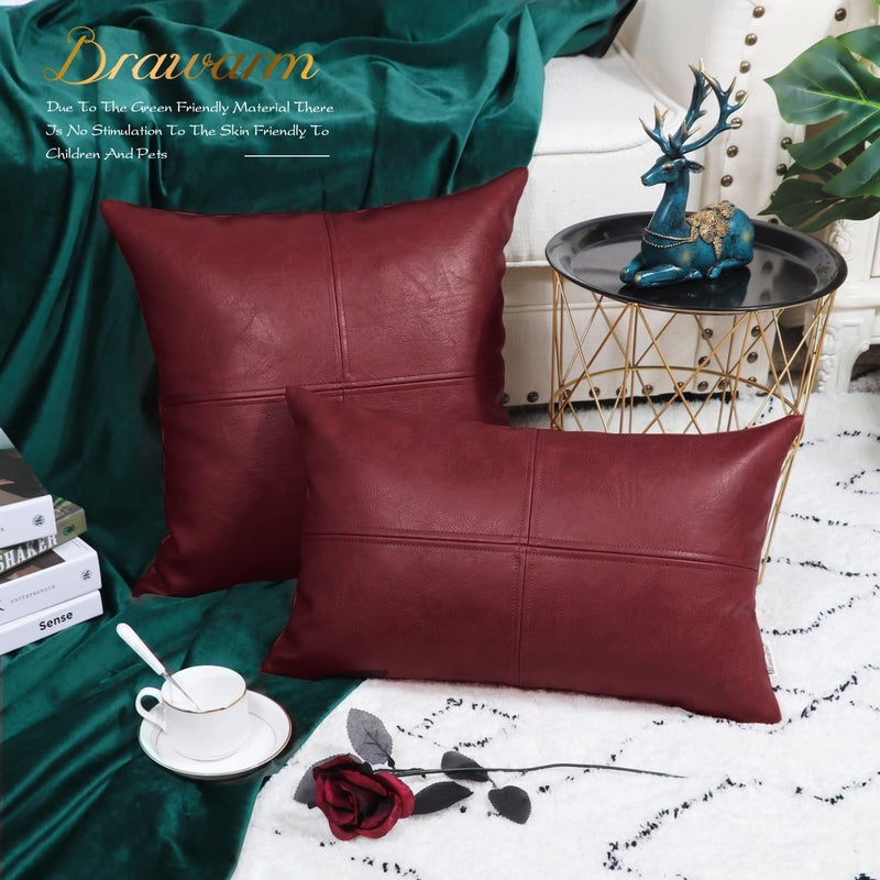 BRAWARM Red Faux Leather Throw Pillow Covers 12 X 20 Inches, Red Throw Pillow Covers, Hand Stitched Faux Leather Decorative Throw Pillow Covers for Living Room Garden - Image 4