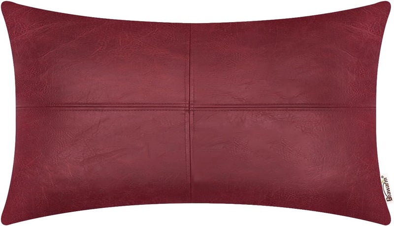 BRAWARM Red Faux Leather Throw Pillow Covers 12 X 20 Inches, Red Throw Pillow Covers, Hand Stitched Faux Leather Decorative Throw Pillow Covers for Living Room Garden - Image 1
