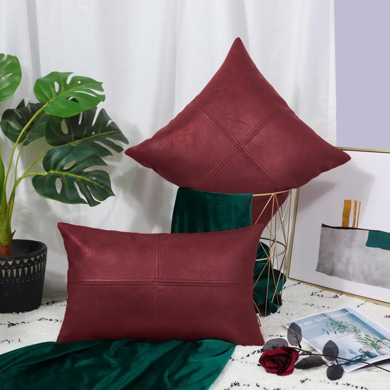 BRAWARM Red Faux Leather Throw Pillow Covers 12 X 20 Inches, Red Throw Pillow Covers, Hand Stitched Faux Leather Decorative Throw Pillow Covers for Living Room Garden - Image 3