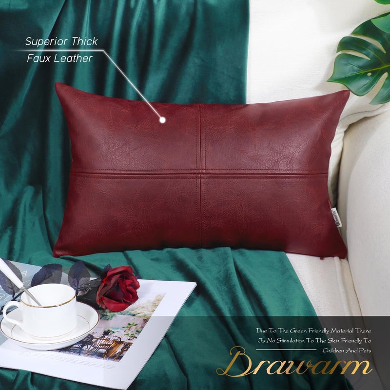 BRAWARM Red Faux Leather Throw Pillow Covers 12 X 20 Inches, Red Throw Pillow Covers, Hand Stitched Faux Leather Decorative Throw Pillow Covers for Living Room Garden - Image 2