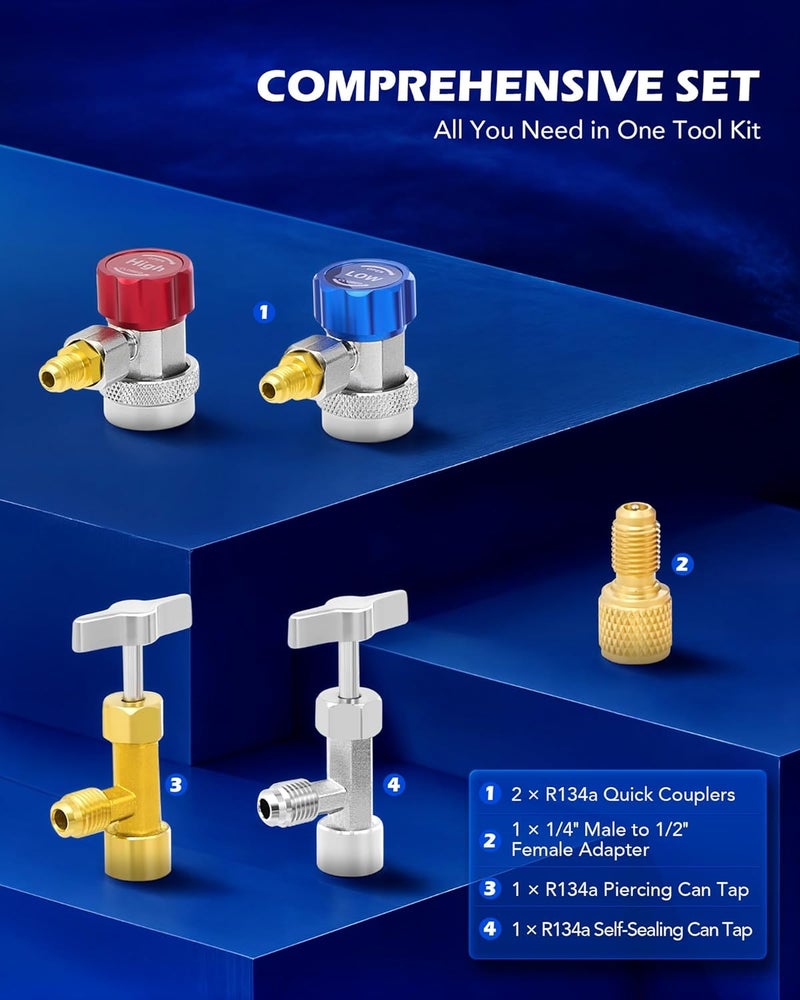 Orion Motor Tech مجموعة عدادات تكييف هواء أورايون موتور تك مع صمامات تثقيب ذاتية الإغلاق لعلب R134A وعدادات تكييف هواء لغازات R134a R12 R22 R502 مع خراطيم بطول 5 أقدام ومهايئات ووصلات قابلة للتعديل ومجموعة شحن فريون - Image 3