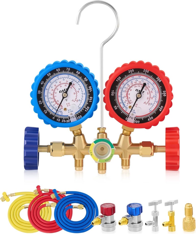 Orion Motor Tech مجموعة عدادات تكييف هواء أورايون موتور تك مع صمامات تثقيب ذاتية الإغلاق لعلب R134A وعدادات تكييف هواء لغازات R134a R12 R22 R502 مع خراطيم بطول 5 أقدام ومهايئات ووصلات قابلة للتعديل ومجموعة شحن فريون - Image 1