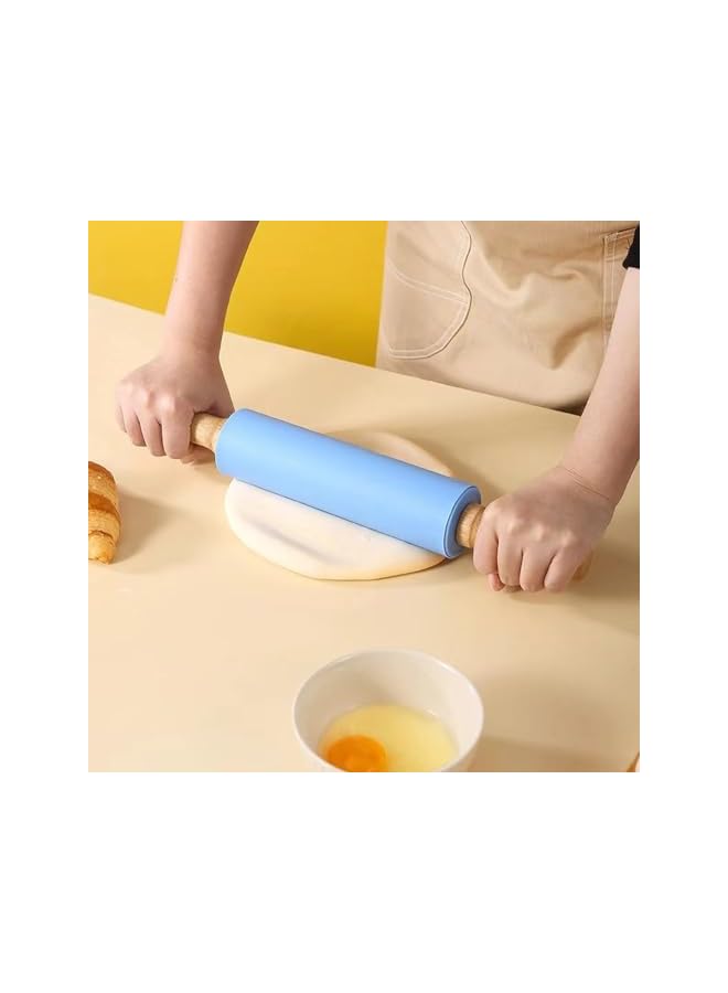 S-TOP Silicone Rolling Pin Non Stick Surface Wooden Handle 1.97X15.15 (Blue) - Image 4