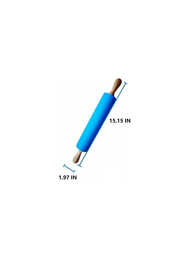 S-TOP Silicone Rolling Pin Non Stick Surface Wooden Handle 1.97X15.15 (Blue) - Image 2
