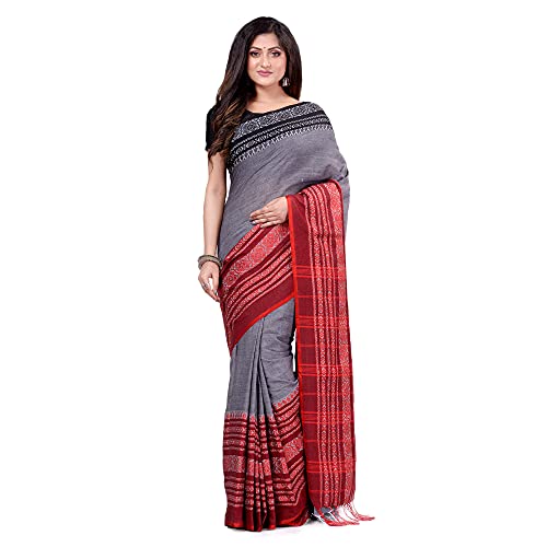 dB DESH BIDESH Women`s Traditional Bengali Flower Design Bengamuri Pure Handloom Cotton Saree With Blouse Piece 6.3 mTR Grey Black Red - Image 1