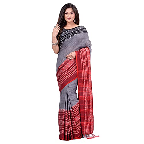 dB DESH BIDESH Women`s Traditional Bengali Flower Design Bengamuri Pure Handloom Cotton Saree With Blouse Piece 6.3 mTR Grey Black Red - Image 5