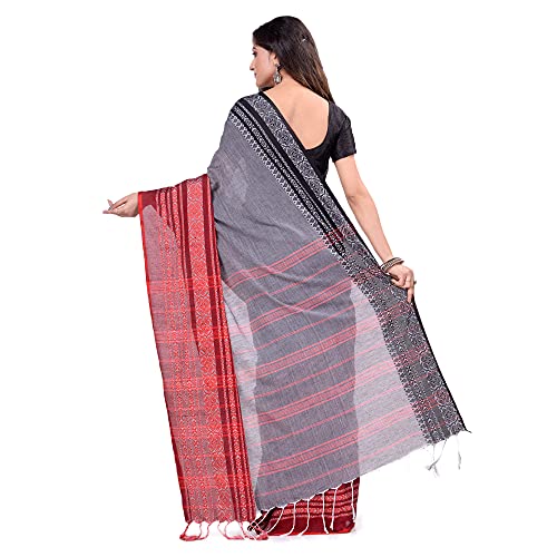 dB DESH BIDESH Women`s Traditional Bengali Flower Design Bengamuri Pure Handloom Cotton Saree With Blouse Piece 6.3 mTR Grey Black Red - Image 2