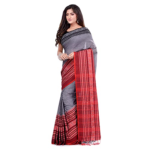 dB DESH BIDESH Women`s Traditional Bengali Flower Design Bengamuri Pure Handloom Cotton Saree With Blouse Piece 6.3 mTR Grey Black Red - Image 3