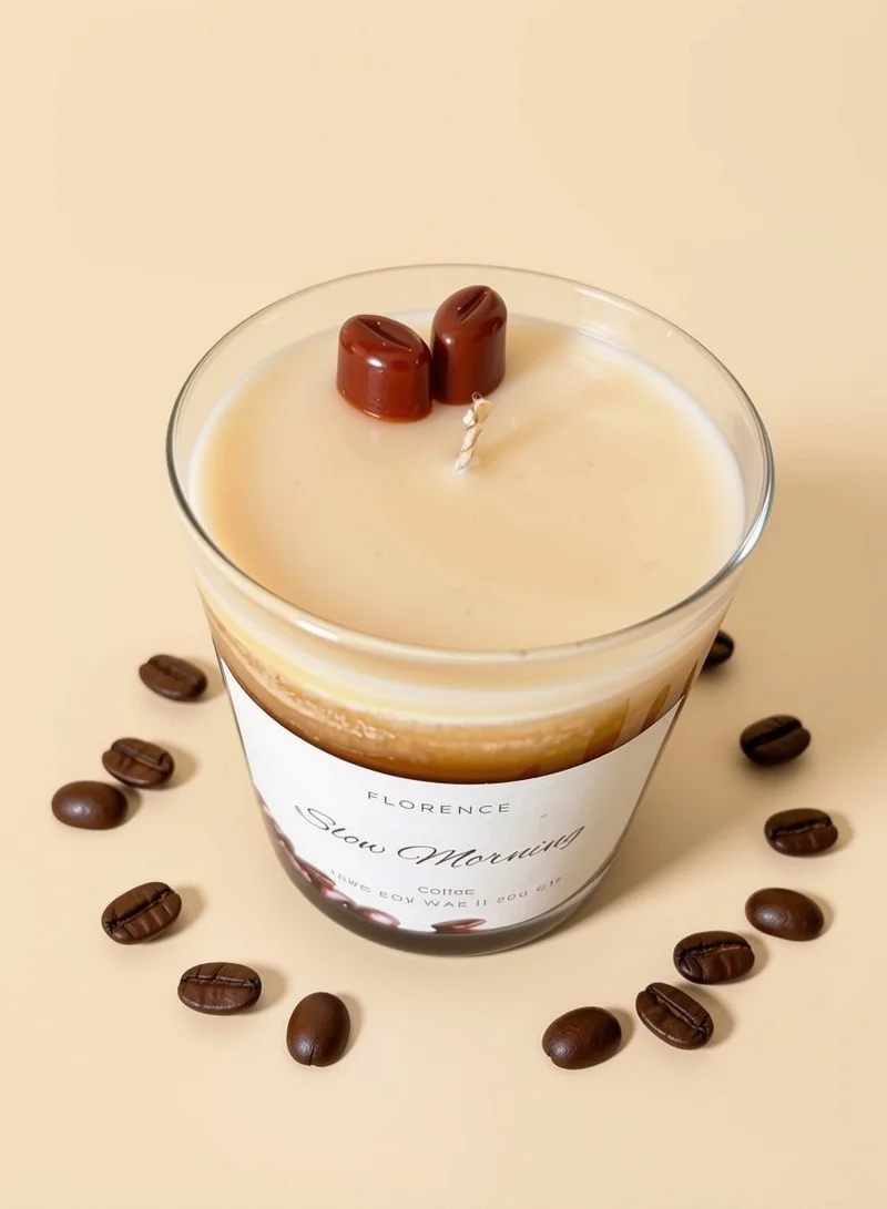 Florence Decorative Coffee Candle, Handmade Soy Wax Candle with Realistic Coffee and Breakfast Inspired Wax Embeds, Scented Candle for Home Decor and Gifting (280gm, Brown/White)