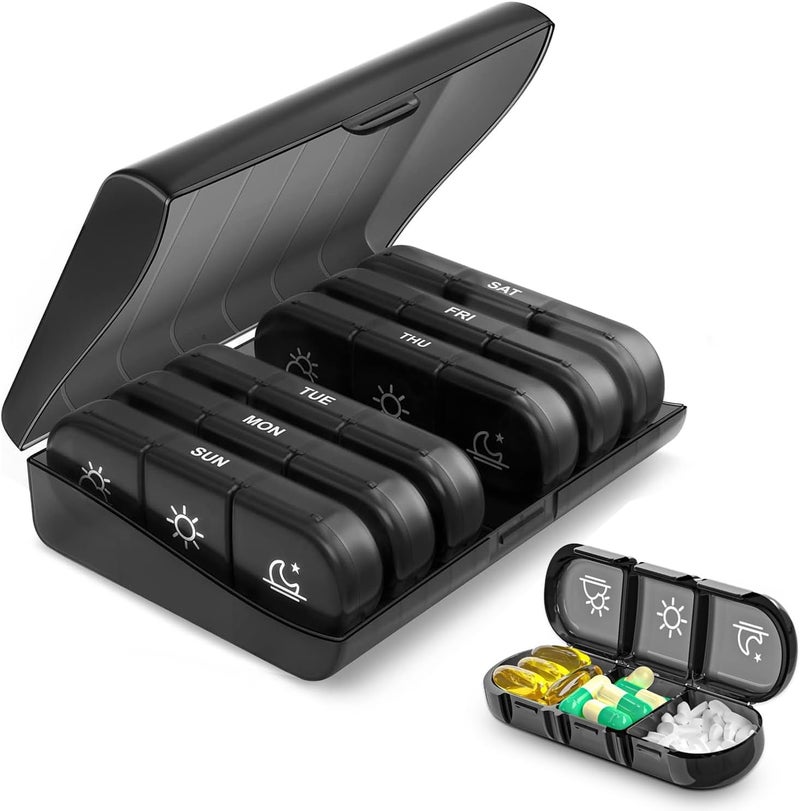 Portable Pill Organizer - Weekly Pill Box for Vitamins, Medicine, and Supplements (Black) - Image 1