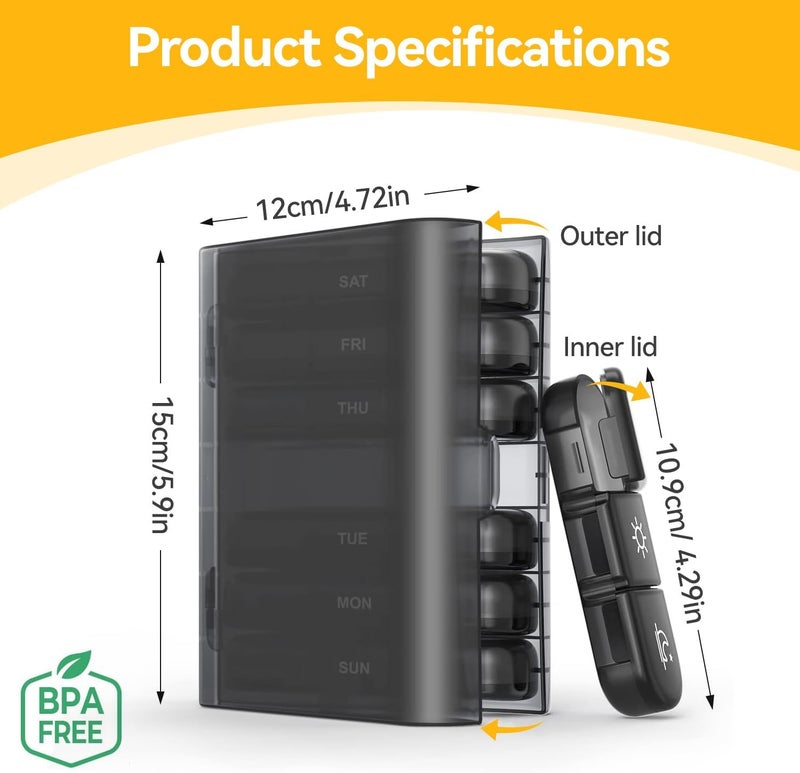 Portable Pill Organizer - Weekly Pill Box for Vitamins, Medicine, and Supplements (Black) - Image 2