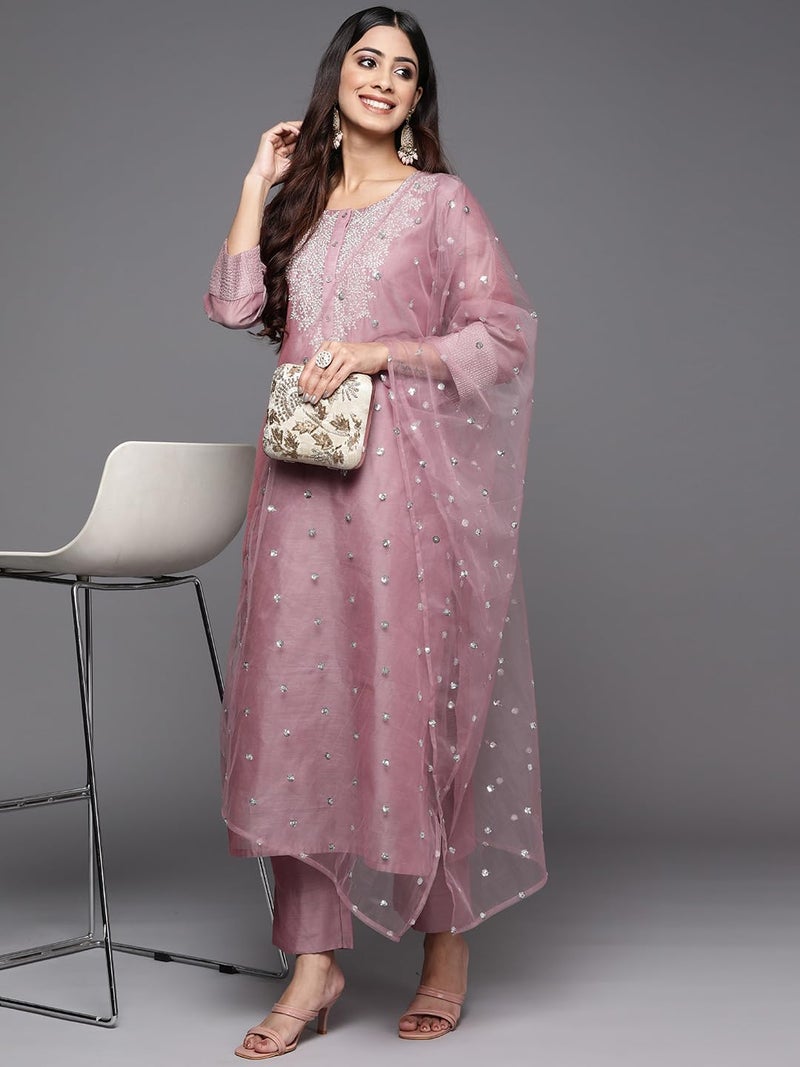 Varanga Women Pink Zari Embroidered A-Line Kurta with Bottom and Dupatta – Kurti Set with Dupatta for Women (Extra Large)-Celebrate Diwali & Chhath Pooja - Image 5