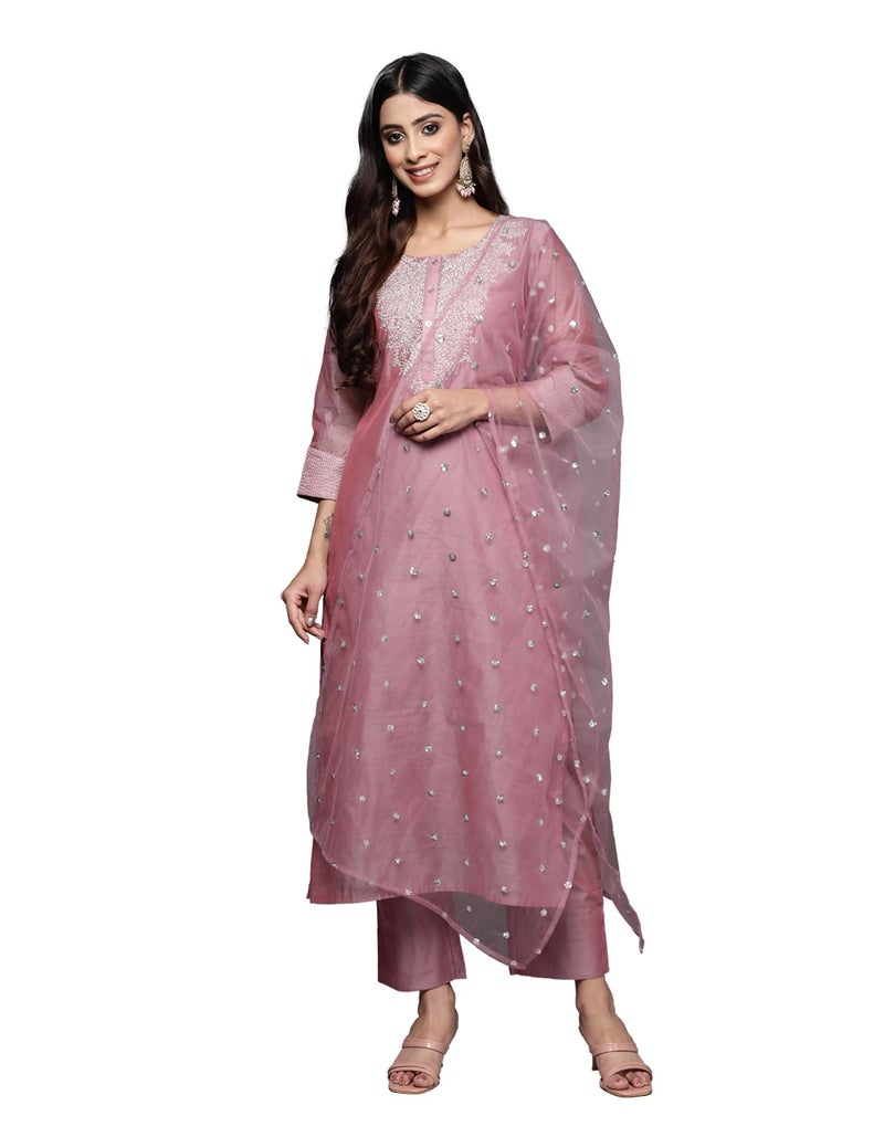 Varanga Women Pink Zari Embroidered A-Line Kurta with Bottom and Dupatta – Kurti Set with Dupatta for Women (Extra Large)-Celebrate Diwali & Chhath Pooja - Image 1