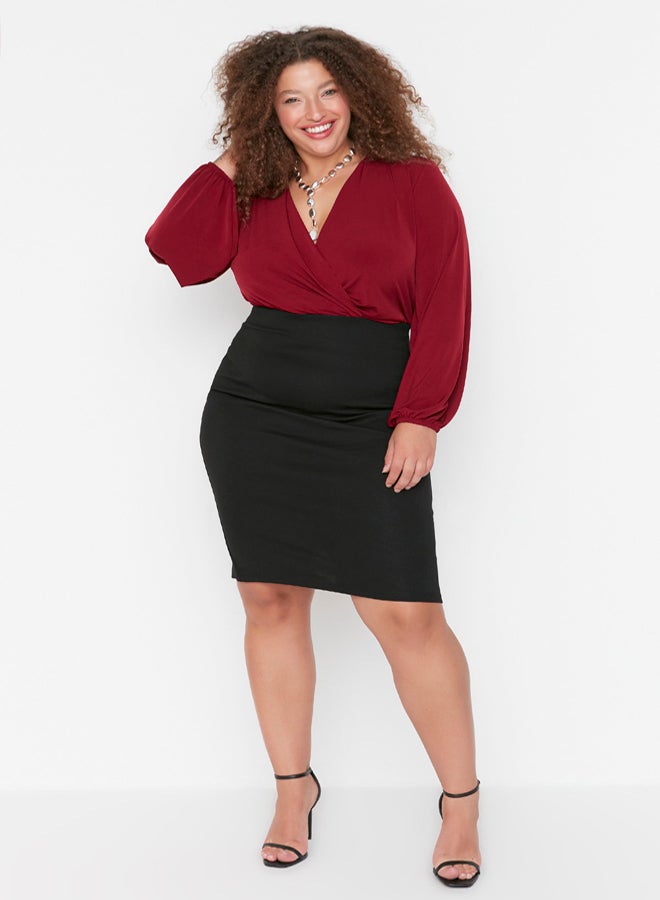 trendyol Burgundy Balloon Sleeve Double Breasted Neckline Knitted Crop Blouse - Image 5