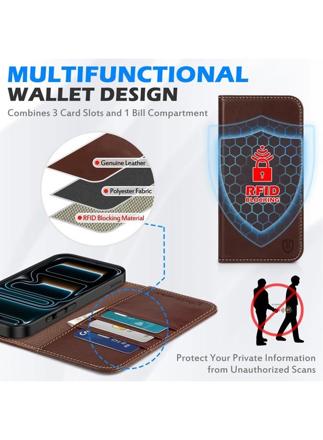 SHIELDON حافظة محفظة جلدية أصلية لهاتف آيفون 17 برو ماكس 6.9 بوصة، مانعة لتقنية RFID، فتحات بطاقات، مغناطيسية، ممتصة للصدمات، غطاء قابل للطي، قاعدة، واقية، غلاف TPU، ثقوب حزام - قهوة عتيقة - Image 4