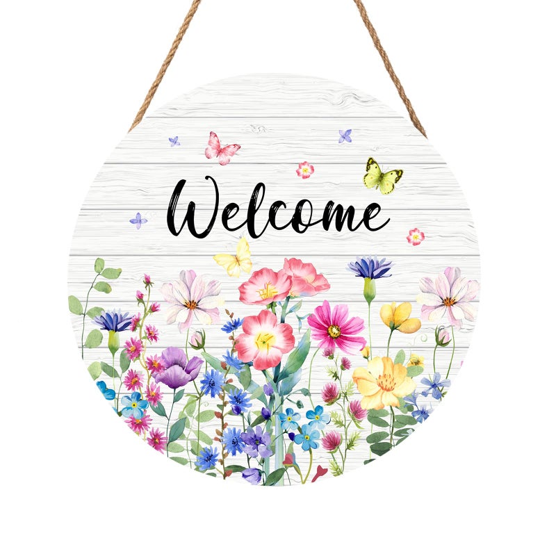 Harooni Spring Wildflowers Welcome Sign for Front Door Spring Summer Decorations Welcome Door Hanger Sign Spring Floral Butterfly Wooden Wreath Seasonal Farmhouse Wreaths for Wall Front Door Porch 12""x12"" - Image 1