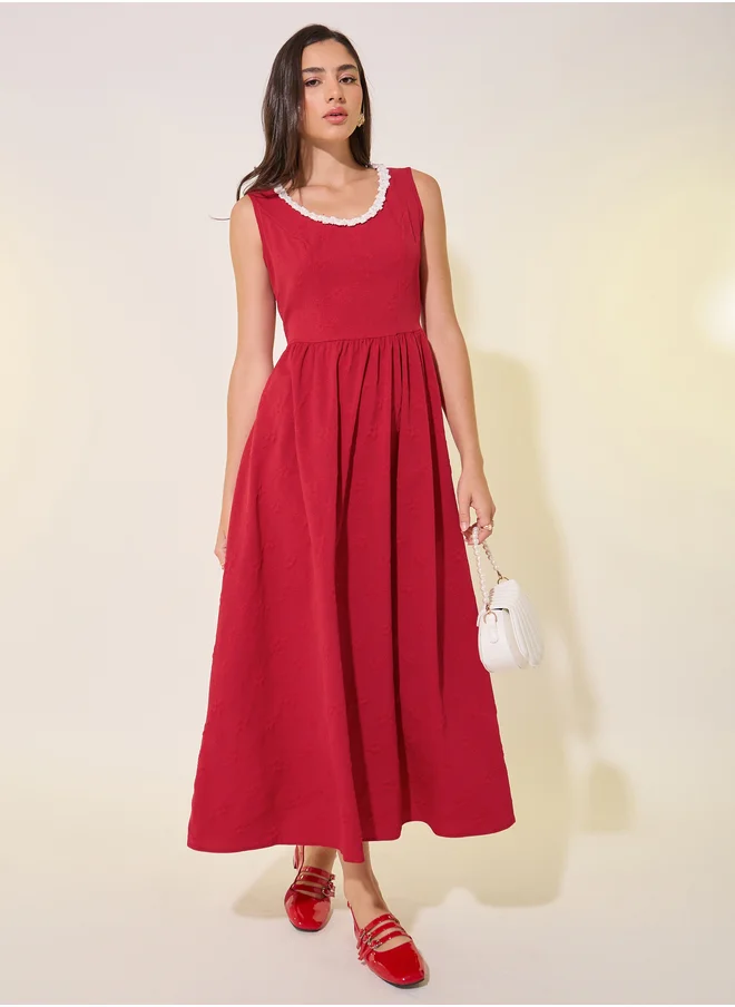 ستايلي Solid Lace Trim Neckline Sleeveless Midi Dress