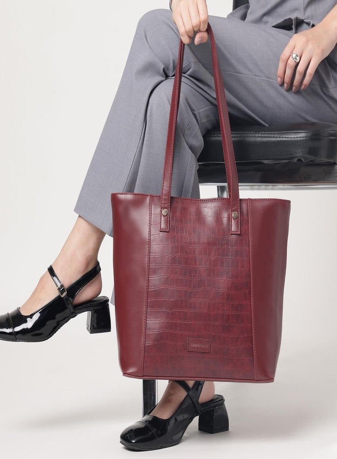 Fastrack Cherry Crush Tote | Croco-Pattern Faux-Leather Women’s Handbag | Gold Hardware Finish with Double Handles, Zipper Closure & Laptop-Compatible Compartments - Image 2