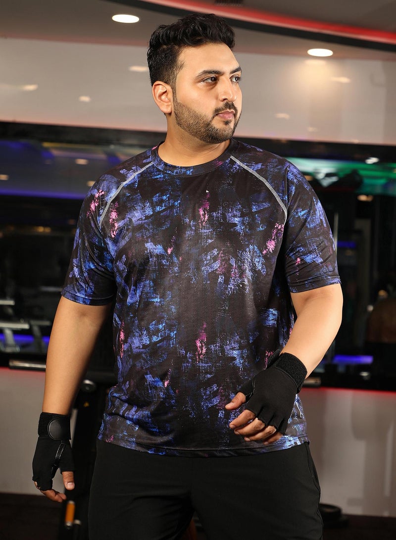 Instafab Plus Men's Onyx Black & Indigo Blue Abstract Activewear T-Shirt - Image 2