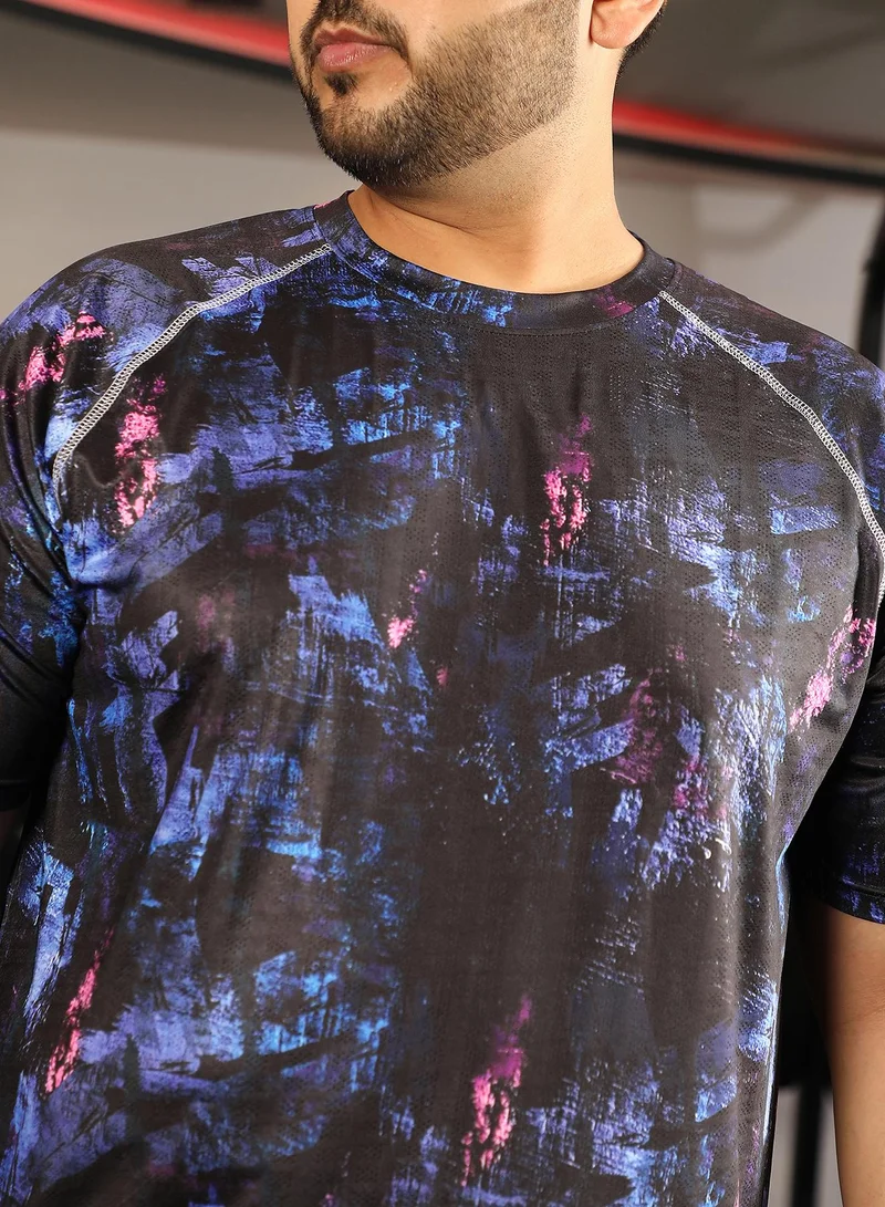 Instafab Plus Men's Onyx Black & Indigo Blue Abstract Activewear T-Shirt