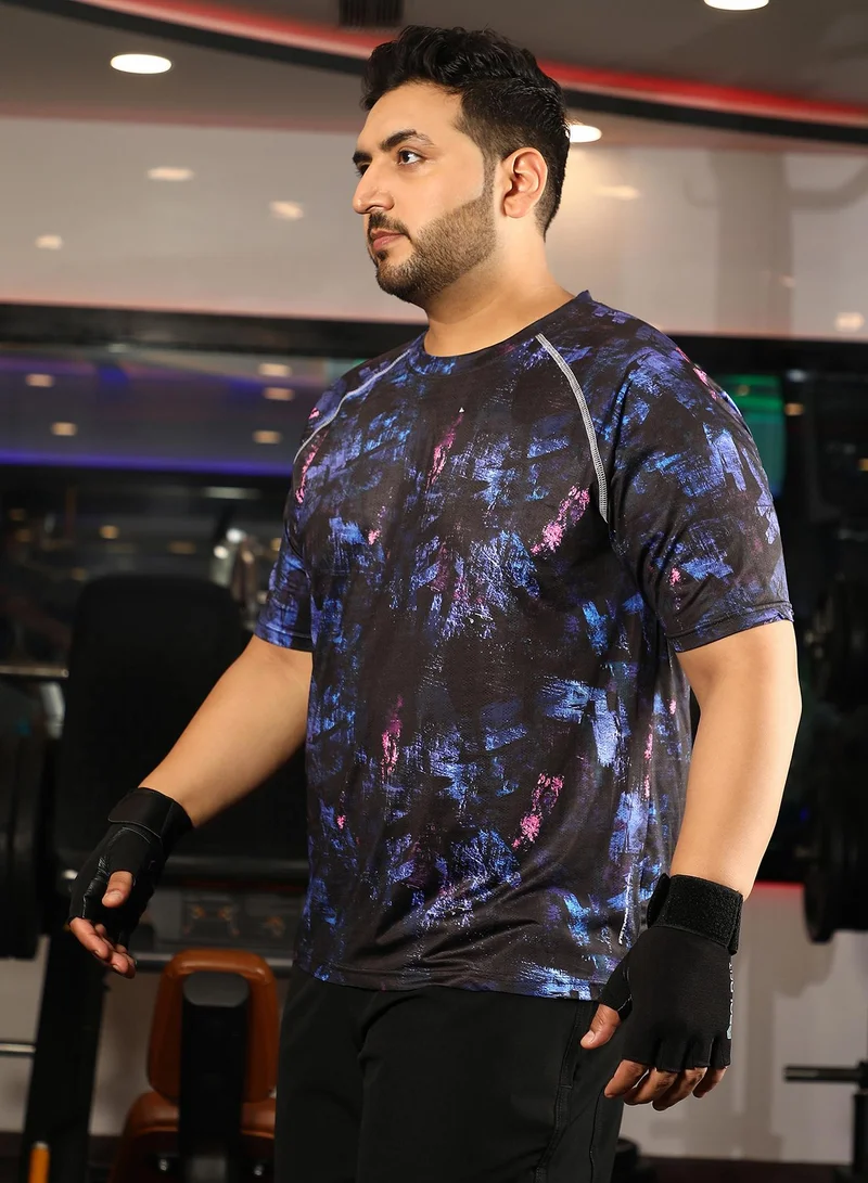 Instafab Plus Men's Onyx Black & Indigo Blue Abstract Activewear T-Shirt