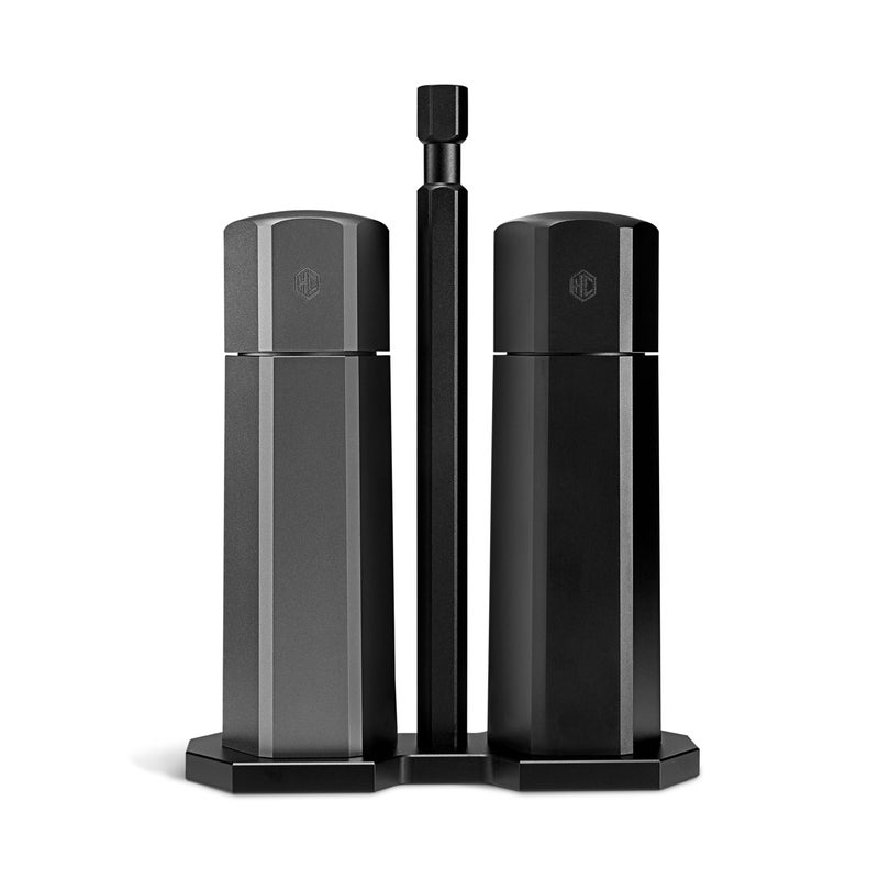 HexClad HexMill Tabletop Salt and Pepper Grinder Set with Stand, 10 Adjustable Grind Settings, High-Efficiency Burr, Solid Milled Aluminum Build, Easy-Fill Cap, Convenient 5.25" Size for Tabletop Use - Image 1