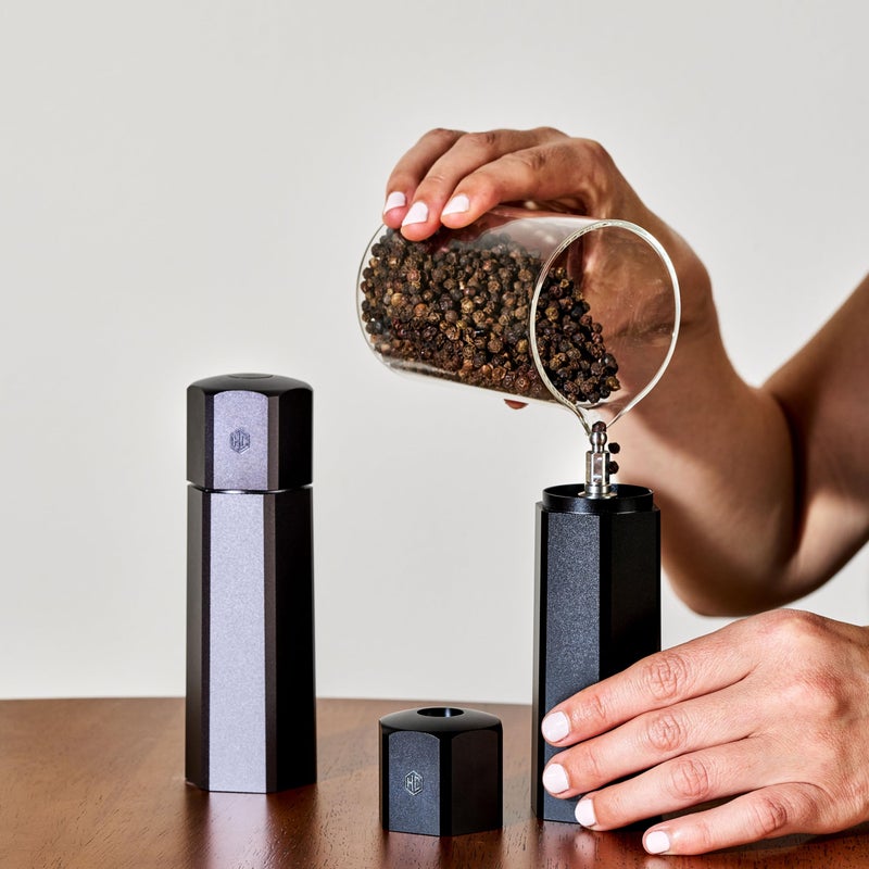 HexClad HexMill Tabletop Salt and Pepper Grinder Set with Stand, 10 Adjustable Grind Settings, High-Efficiency Burr, Solid Milled Aluminum Build, Easy-Fill Cap, Convenient 5.25" Size for Tabletop Use - Image 5