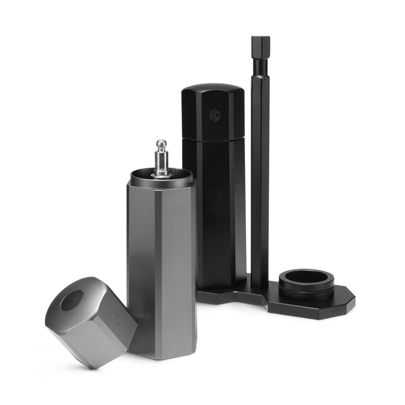 HexClad HexMill Tabletop Salt and Pepper Grinder Set with Stand, 10 Adjustable Grind Settings, High-Efficiency Burr, Solid Milled Aluminum Build, Easy-Fill Cap, Convenient 5.25" Size for Tabletop Use - Image 2