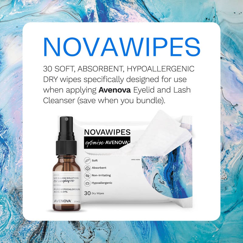 Avenova NovaWipes - Dry Eyelid Wipes - Non-Irritating, Durable & Absorbent Multi-Layer Eyelid Cleansing Wipes for Use with Avenova Spray, 30-Count - Image 2