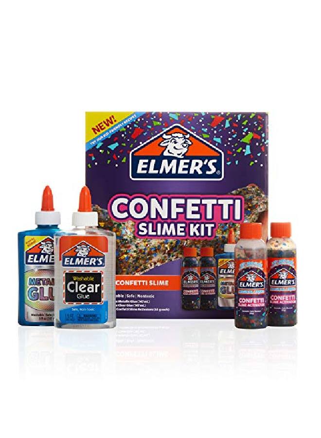 ELMER'S مجموعة سلايم كونفيتي من إلمر | تتضمن لوازم السلايم غراء معدني، وغراء شفاف، ومنشط سلايم سائل كونفيتي السحري، 4 قطع - Image 1