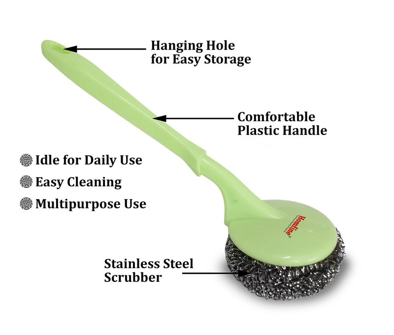 Homfine Stainless Steel Scrubber with Handle for Easy Cleaning | Kitchen Utensils, Sink, Floor, Tiles (1Pc, Colour May Vary, Round) - Image 2